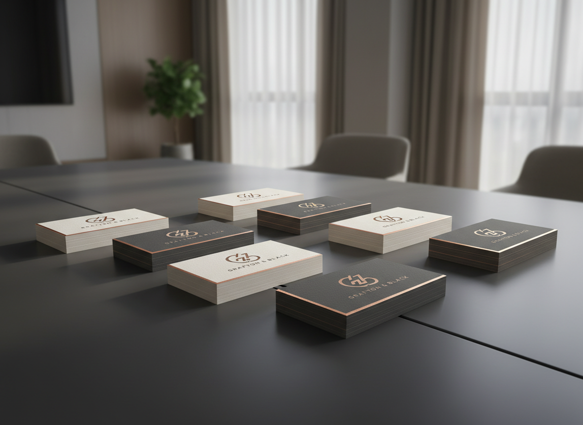A meticulously arranged array of premium business cards, each featuring crisp, embossed text and subtle, metallic foiling, neatly stacked atop a smooth slate-gray conference table. The table is set in a modern, uncluttered office environment, with clean architectural lines and soft, neutral-toned décor in the background. Gentle diffused lighting from floor-to-ceiling windows casts balanced highlights and understated shadows, adding depth without overwhelming the details. The composition is shot from a slightly elevated angle, capturing the sleek, professional mood of the space. The overall effect is photographic realism with a structured layout, perfectly reflecting a polished, corporate atmosphere suitable for a high-end printing and branding business.
