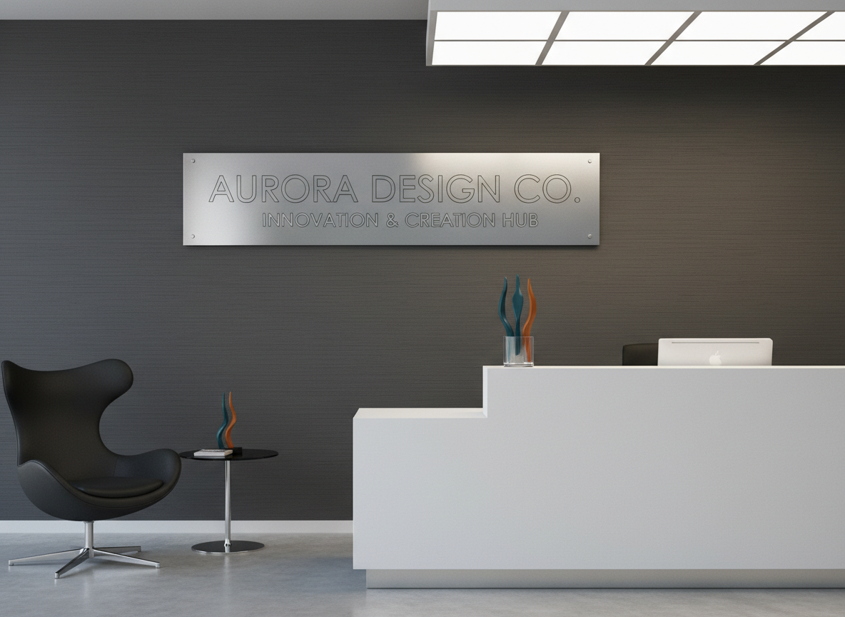 An elegant, brushed aluminum sign with raised, laser-etched lettering, mounted flush on a textured charcoal wall in a pristine reception area. The environment features minimalist furnishings and structured geometric elements, with subtle hints of the company’s branding colors in the décor. Overhead LED panel lighting creates gentle, even illumination, highlighting the sign’s craftsmanship and metallic finish while casting softly defined shadows. Captured from an eye-level perspective, the image emphasizes balance and precision, with a centered composition that reinforces a sense of professionalism and clarity. The overall style is clean, contemporary, and perfectly tailored to a creative corporate audience seeking high-quality signage solutions.