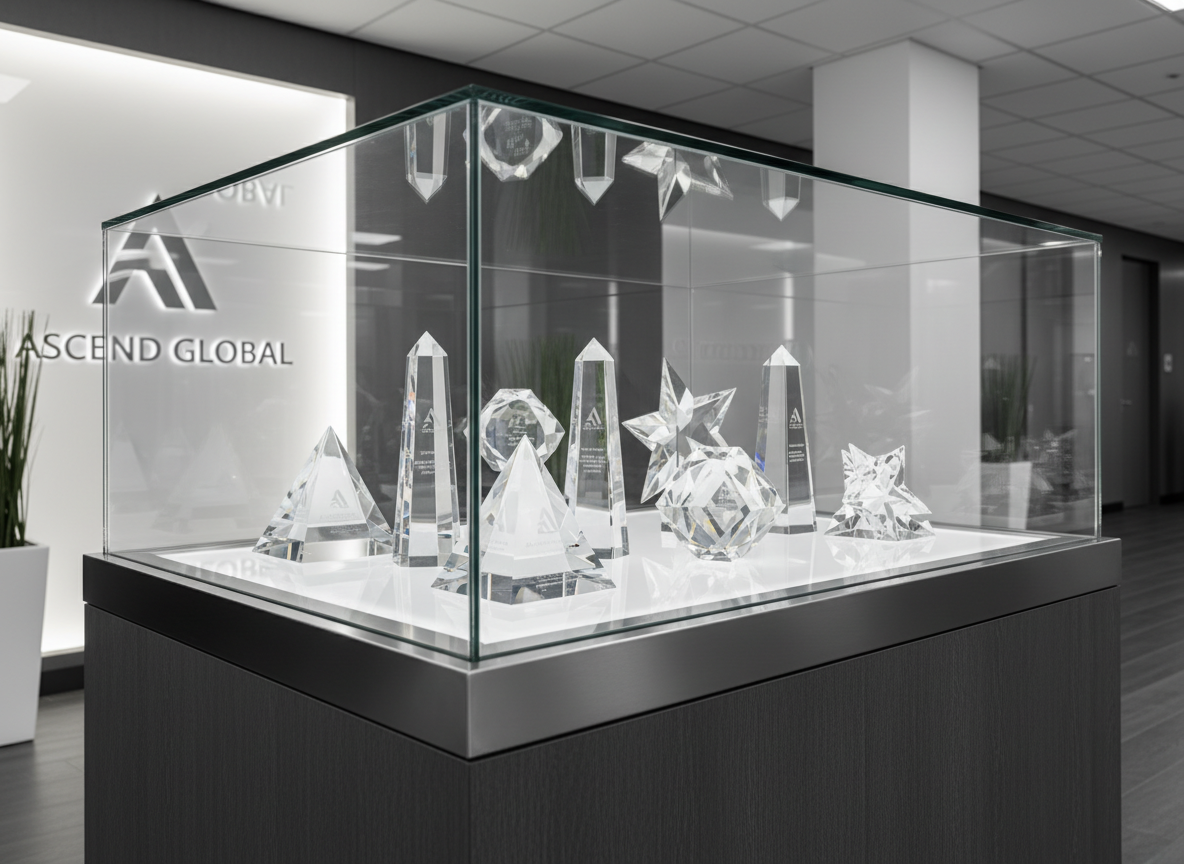 A glass showcase containing a selection of custom engraved crystal awards, each award featuring precise edges, frosted details, and mirror-smooth facets gleaming under soft, neutral-toned ceiling lights. The showcase rests on a monochrome wood-grain pedestal within a refined corporate lobby, surrounded by understated branding elements and balanced architecture. The lighting creates crisp highlights on each crystal surface and subtle layered reflections in the glass, intensifying the aura of achievement and distinction. The camera captures the setting at a three-quarter angle, with moderate depth of field that keeps all awards in clear focus. The mood is elevated and aspirational, adhering to a modern, photographic aesthetic and structured layout suitable for professional clients.