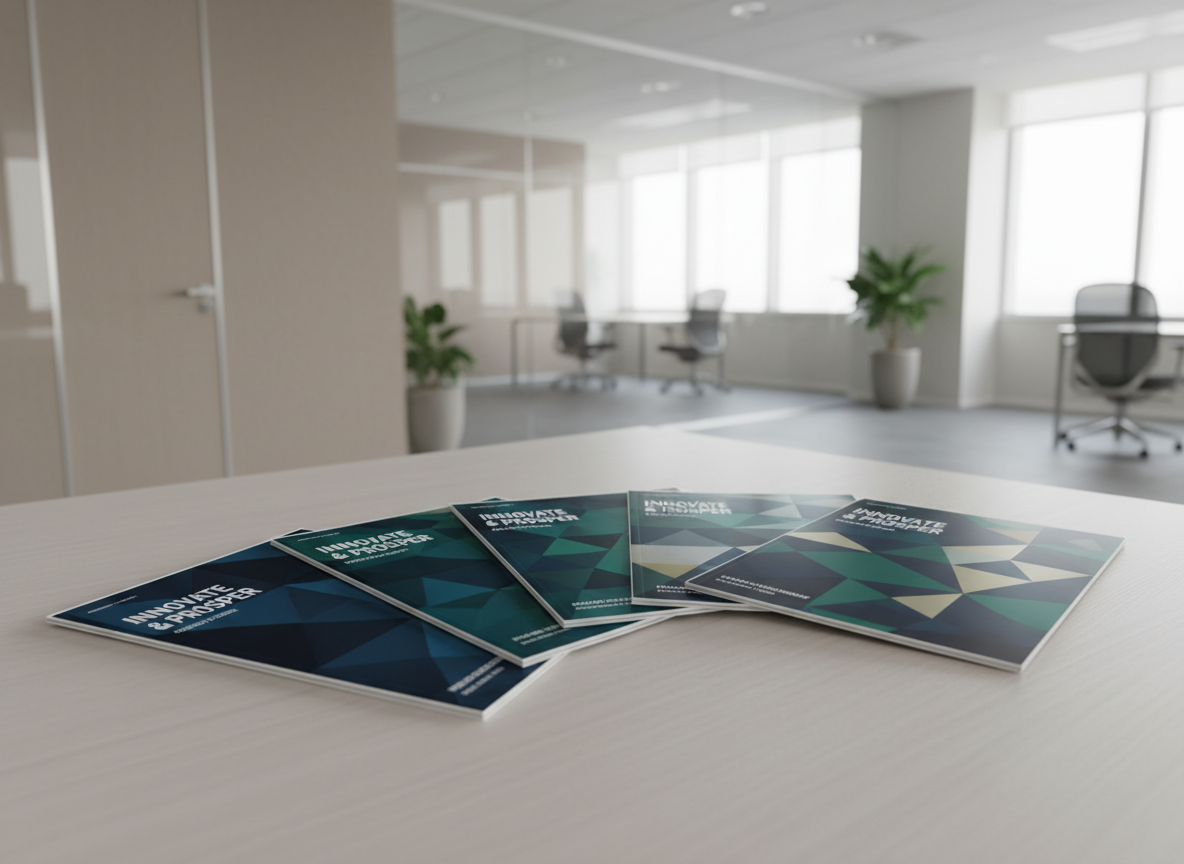 A series of immaculately printed brochures, fanned across a light-ash laminate surface, each featuring precise color registration, clean typography, and high-gloss coatings. The background consists of a minimal, open-concept workspace with glass partitions and soft, neutral wall hues, devoid of clutter and distractions. Daylight from expansive windows fills the area with gentle, even brightness, creating refined highlights and soft, translucent shadows beneath each page edge. The composition is based on the rule of thirds, with brochures leading the eye toward the upper corner, producing a sense of momentum and purpose. Photographic realism and a clean, corporate sensibility are central, showcasing the site’s expertise in professional print marketing.