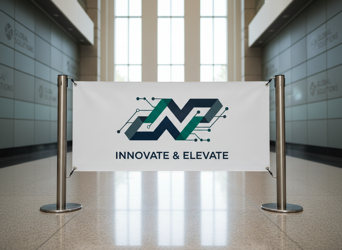 A crisp, white vinyl banner with sharp, UV-resistant digital graphics stretches seamlessly between two stainless steel poles on a polished stone lobby floor. Discrete, muted branding elements are present in the background, with structured grid lines in the architecture and muted grey paneling along the walls. The lobby is bathed in soft, indirect natural light from clerestory windows above, which highlights the color vibrancy and flawless tension of the banner material. Captured from a low-angle perspective, this image exudes professionalism and durability, using balanced framing and sharp focus to articulate the clean, modern, and authoritative style demanded by serious businesses seeking standout display solutions.